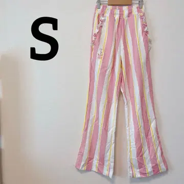 와이드 팬츠 [ S ] 프릴 스트라이프 핑크 플레어 팬츠