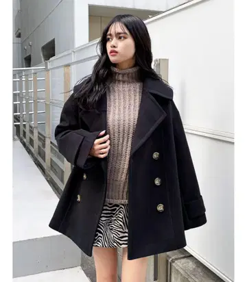 ENVYM 앙비 빅 칼라 더블 코트 피 코트 울 코트 블랙