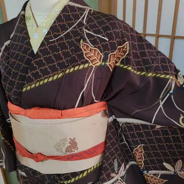 순수 실크 기모노 다크 브라운 색상 + 순수 실크 나고야 오비