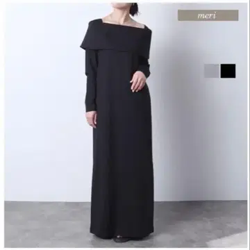 meri 오프숄더 컷 원피스 블랙 롱 원피스