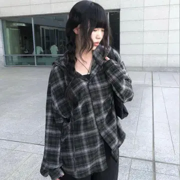 anyonemore 오버사이징 후드 부착 체크 셔츠 에니원모어