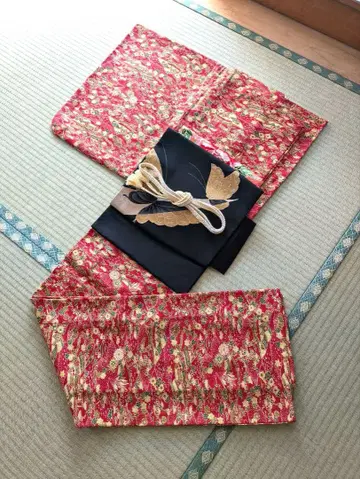 코몬 기모노 귀여운 빨간색 꽃무늬 단의 손바느질 울? 면?