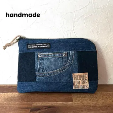 914. 데님 리메이크 L형 지퍼 파우치 국기 패턴 멀티 파우치