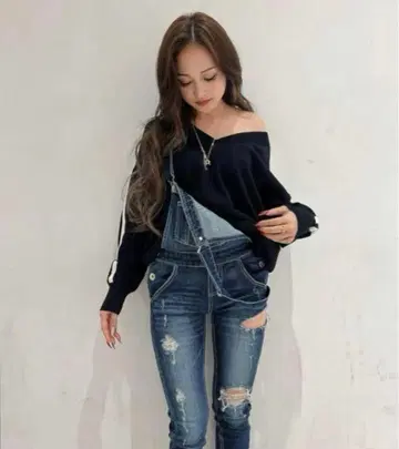 GYDA 사이드 립드 스키니 데님 오버롤