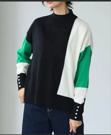 [시착만 한 상품] itto - 쉘 버튼 소매 하이 게이지 배색 니트탑