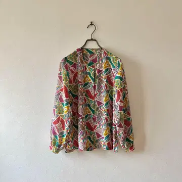 빈티지 노카라 셔츠 시어 아트 시스루 레트로 컬러풀 M