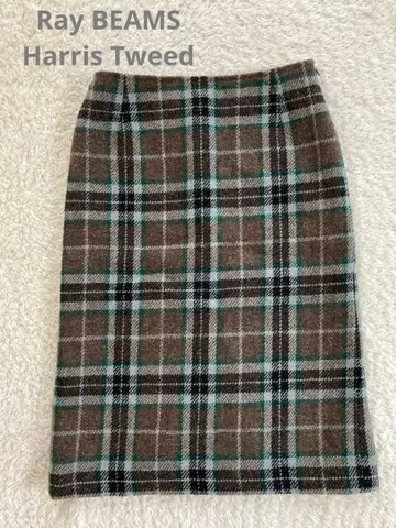 Ray BEAMS 해리스 트위드 울 100% 체크 무늬 타이트 스커트