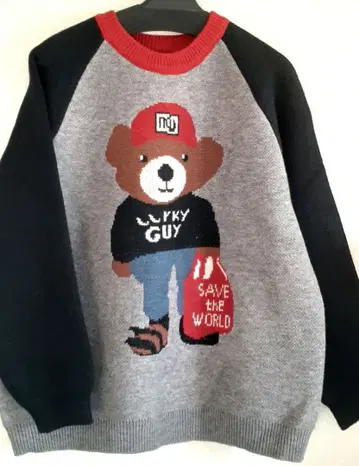 곰 디자인 니트 스웨터 긴팔 그레이