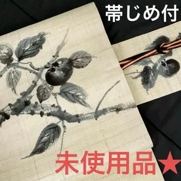 2920 미사용품 수제작 아이보리색  나고야 오비 & 허리띠 감 패턴