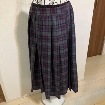 네이비와 레드 체크 무늬 플리츠 롱 스커트 FREE 사이즈