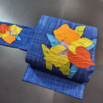 순수 실크 나고야 오비(약 24cm) 파랑 꽃무늬 자수 캐주얼 a715