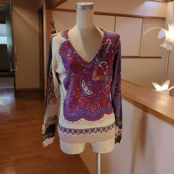 페이즐리 무늬 V넥 긴팔