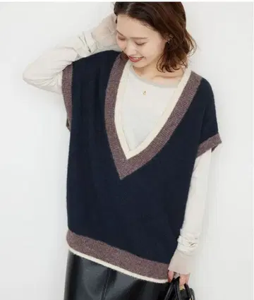 [ 새상품 ] SLOBE IENA 니트 베스트 네이비/브라운 사이즈 F