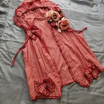 원더풀 월드 리본 포함 후드 베스트 빨간색 깅엄 체크