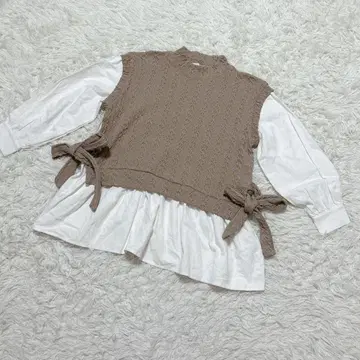 [ c6487 ] 셔츠 긴팔 니트 도킹 브라운 화이트