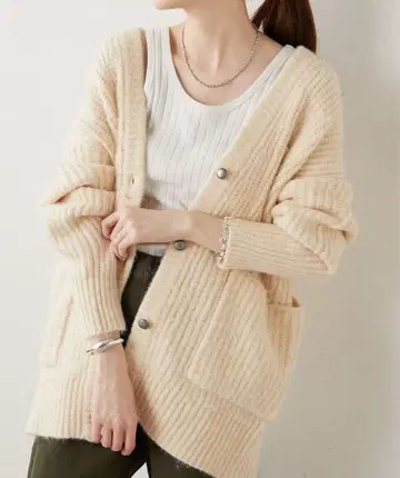 리브 짜임 크림 가디건