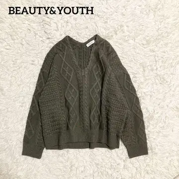 BEAUTY&YOUTH 케이블 숏 와이드 V넥 니트 올리브 그린