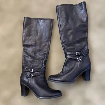 천연 가죽 블랙 버클 롱 부츠