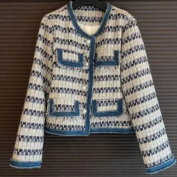 노카라 트위드 자켓 화이트/네이비