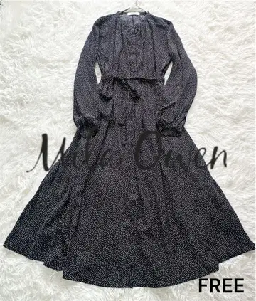 새상품급 미라 오웬 도트 무늬 허리 리본 롱 블랙