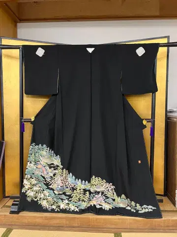 블랙 전통 예복 기모노 카가풍 꽃무늬 기모노 순수 실크