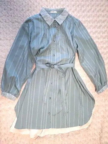 엑시즈팜 튜닉 셔츠 원피스 M 그린 스트라이프 레이스