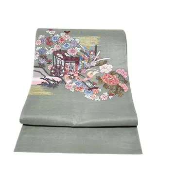 실크 그레이 꽃무늬 후쿠로 오비 기모노 오비 일본 의류 일본 의상 멋짐