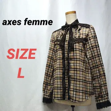 axes femme 체크 셔츠 블라우스 리본 타이 레이스 L