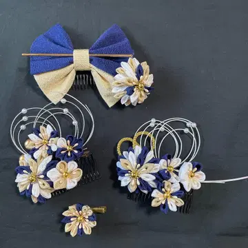 [ 핸드메이드 ] 일본 의류 머리 장식 세트 네이비 골드 5점