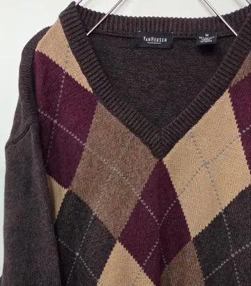 반 휴센 아가일 V넥 스웨터 M