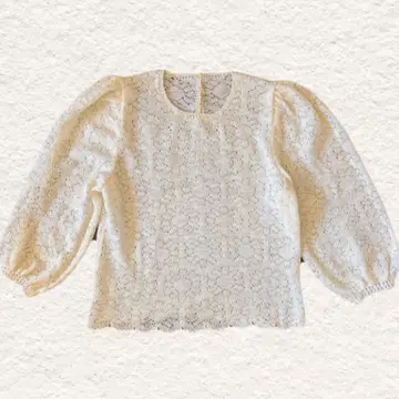 빈티지 페미닌 꽃무늬 시스루 레이스 블라우스 퍼프 슬리브 조개 버튼