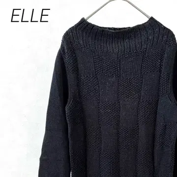 ELLE 니트 스웨터 7부 소매 보틀넥 체크 무늬 심플 실크