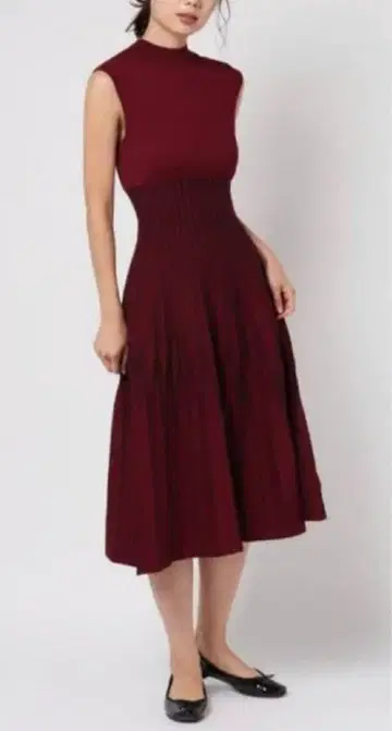 버건디 슬리브리스 롱 원피스