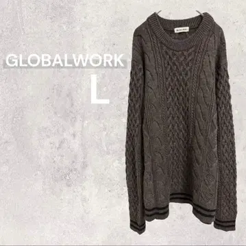 글로벌 워크 니트 스웨터 긴팔 롱 라인 케이블 L 브라운