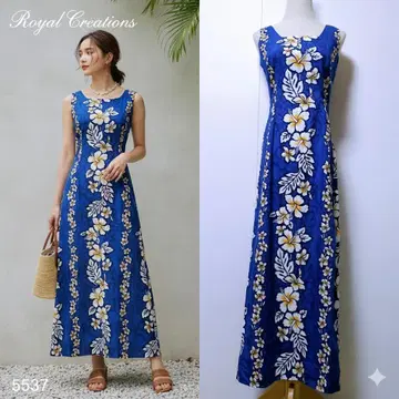 로얄 크리에이션즈 하와이 제조 롱 원피스 블루 플루메리아 패턴
