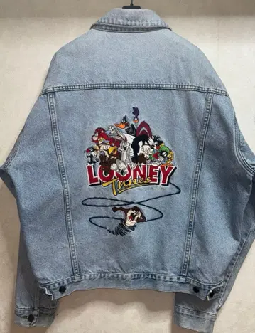 루니툰즈 자수 데님 자켓 XL 90s 워너 구제 의류