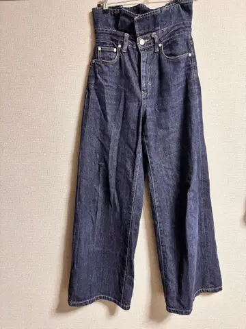 다크 블루 하이웨스트 와이드 레그 데님 팬츠 EMODA 와이드 팬츠