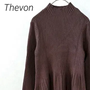 Thevon 롱 원피스 플레어 리브 니트 하이넥 심플