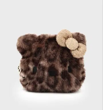 헬로키티 페이스형 복슬복슬 파우치 오페크 베이지 레오파드 무늬