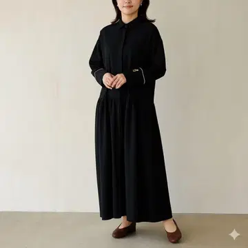 알모니아 카라 부착 롱 원피스 긴팔 블랙 플레어 스커트 무지