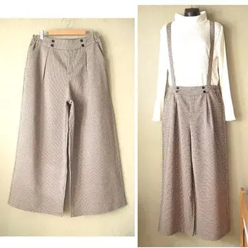 체크 무늬 서스펜더 와이드 팬츠 L