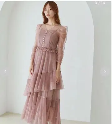 SNIDEL 핑크 티어드 튤 드레스