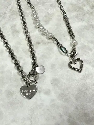 미사용 새상품 스테인리스 2개 세트 실버 하트 목걸이