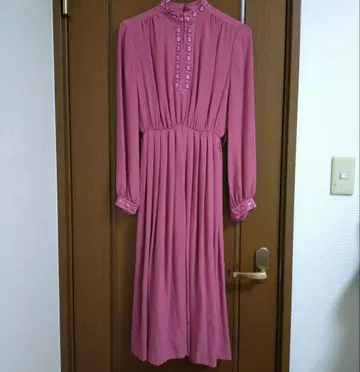 와인 레드 퍼플 레이스 롱 원피스 쇼와 레트로