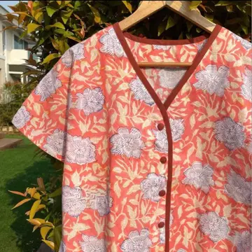 인도 천 블록 프린트 V넥 블라우스 핸드메이드