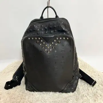 MCM 에무시엠 백팩 백팩 로고 스터드 가죽 블랙