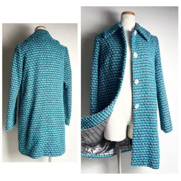 새상품급 마리콴트/모헤어 실크 혼방 트위드 롱 코트/블루/올 패턴/일본제