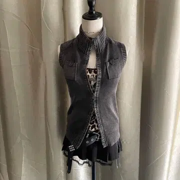 코튼 베스트 가슴 포켓 더블 지퍼 그런지 밀리터리 y2k