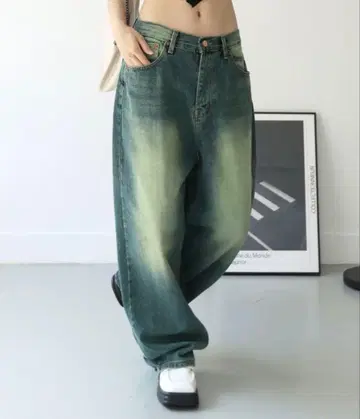 와이드 핏 데님 팬츠 그린 계열 MEDIUM
