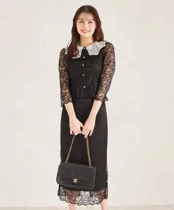 카라 부착 배색 레이스 상의 x 레이스 타이트 스커트 셋업